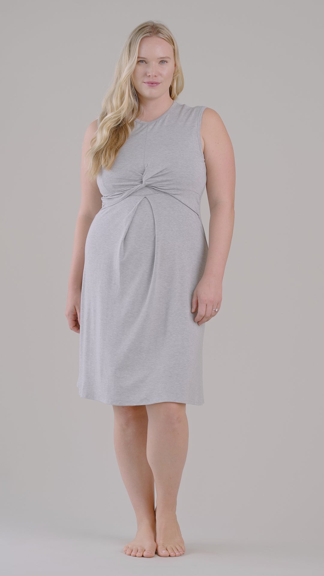 simple wishes debra nursing dress in light heather grey on blonde model shown in video